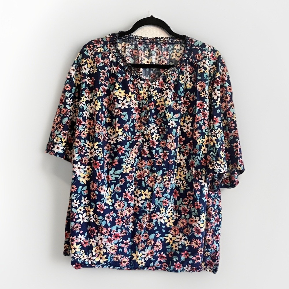 Blouse Womens 3X Blue Floral Scoop Neck 3/4 Sleeve Button Tunic Boho Top